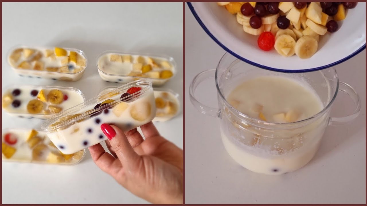 حطى الفاكهة على اللبن وهتنبهرى بالنتيجة وهتفرحى ولادك بحلوى باردة بدون دقيق وبدون نشا وبدون فرن