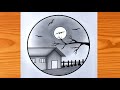 Beautiful 🏠 House and Moon Drawing 🌙