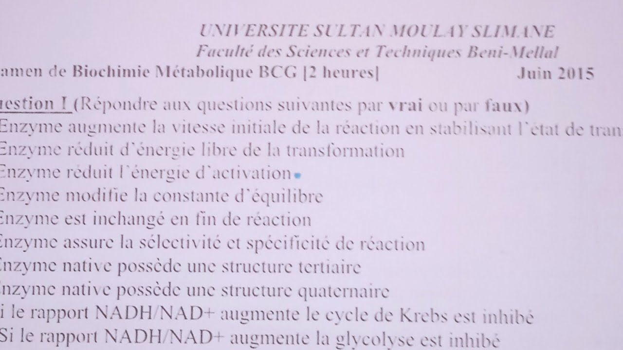 Biochimie Métaboliques : Examens 1