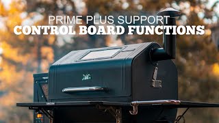 Prime Plus support grill showcasing control board functions, emphasizing outdoor cooking equipment and parts replacement for Green Mountain Grills.