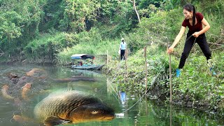 Ancient fishing technique: The girl used a bamboo tube to cast her bait and caught many large fish.