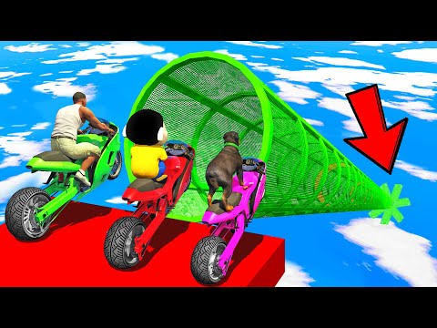 SHINCHAN AND FRANKLIN TRIED IMPOSSIBLE DEEPEST TUNNEL JUMP GARE PARKOUR CHALLENGE BY CARS BIKE GTA 5