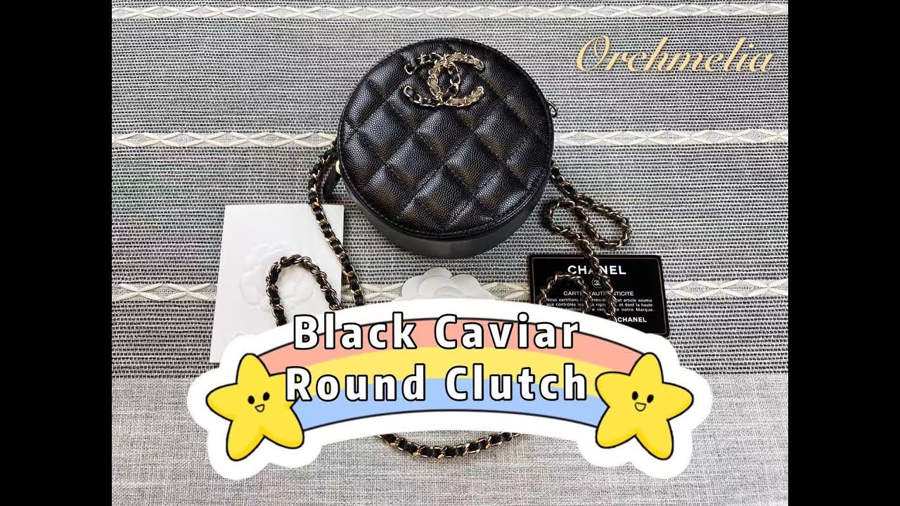 Chanel Black Caviar Round Clutch on Chain with Champagne gold