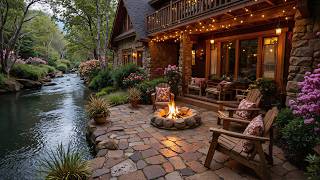 Cozy Spring Piano Music Forest Riverside Cabin Porch 🔥🌿 Relaxing Campfire & Birdsongs for Relaxation