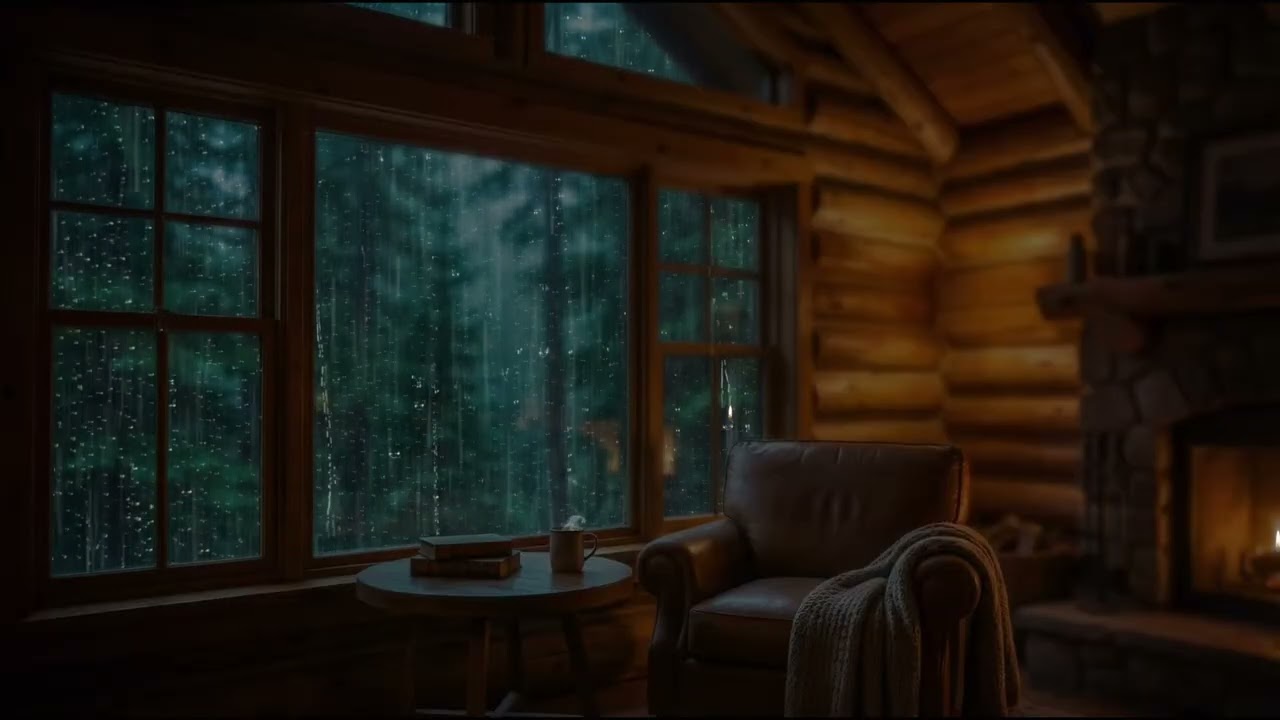 Heavy Rain at a Cozy Forest Cabin with Fireplace & Thunder Sounds for Deep Sleep