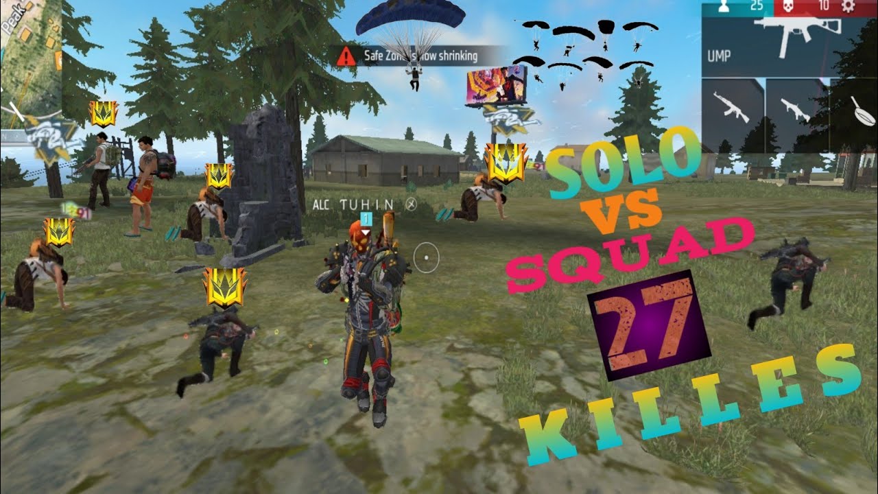 free fire solo vs squad gameplay.27 kills solo vs squad - YouTube