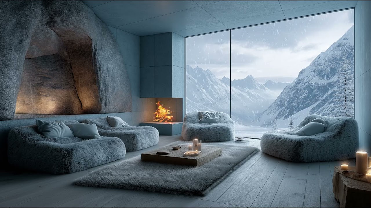 Snowy Winter Cabin with Glowing Fireplace, Peaceful Nature View and Soft Piano Music for Sleep
