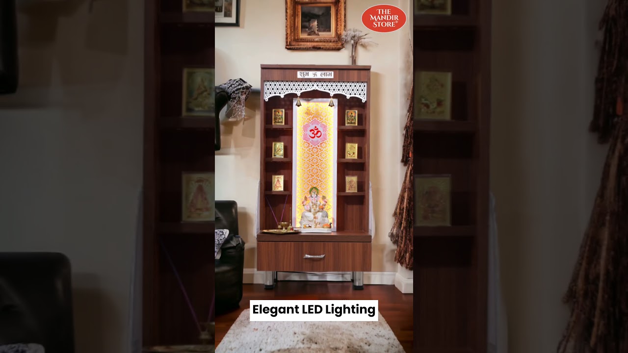 Wooden Mandir with Floating Shelves and Drawer Storage in Walnut Brown Color with LED Lights