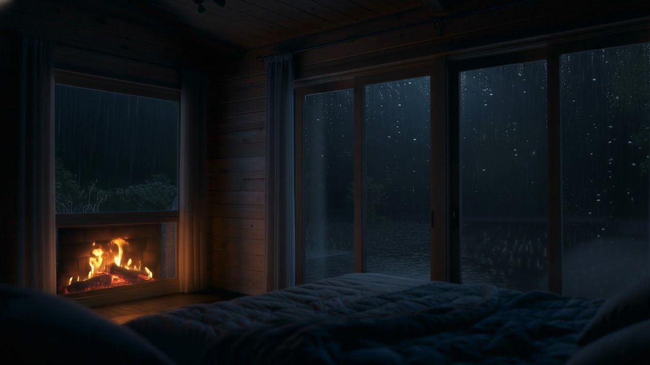 Sleep Deeply with Rain Sounds & Crackling Fireplace in a Cozy Mountain ...
