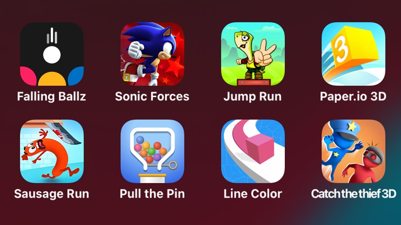 Falling Ballz, Sonic Forces, Jump Run, Paper 3D, Sausage Run, Pull The Pin, Line Color
