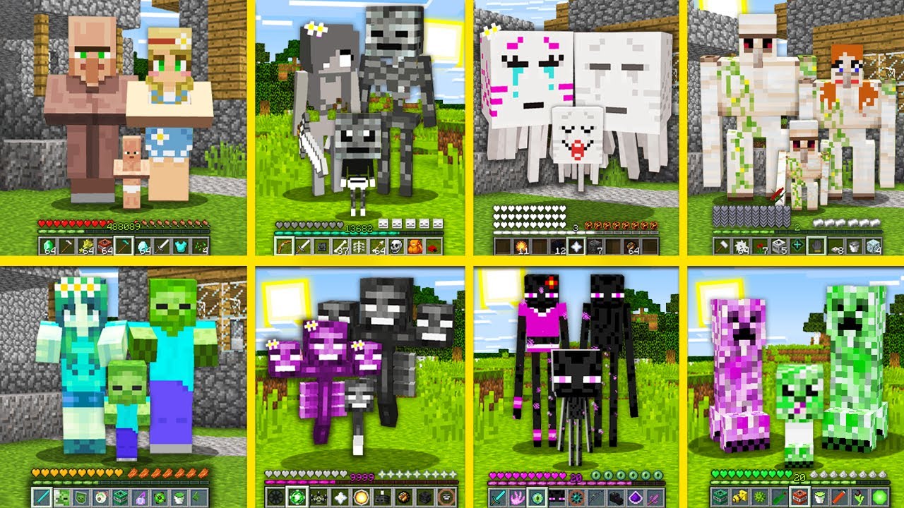 Minecraft HOW TO PLAY Family Mobs ! Zombie Enderman Creeper Villager ...