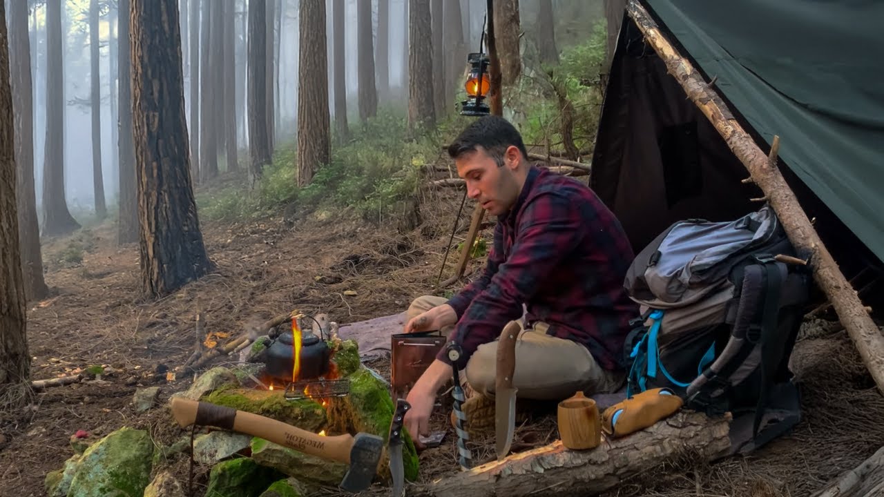 3 Days Solo Bushcraft Camping in a Forest for Survival. Tarp Shelter ...