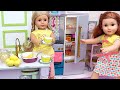 Doll sisters cooking lemon pie in the toy kitchen play dolls chores for kids