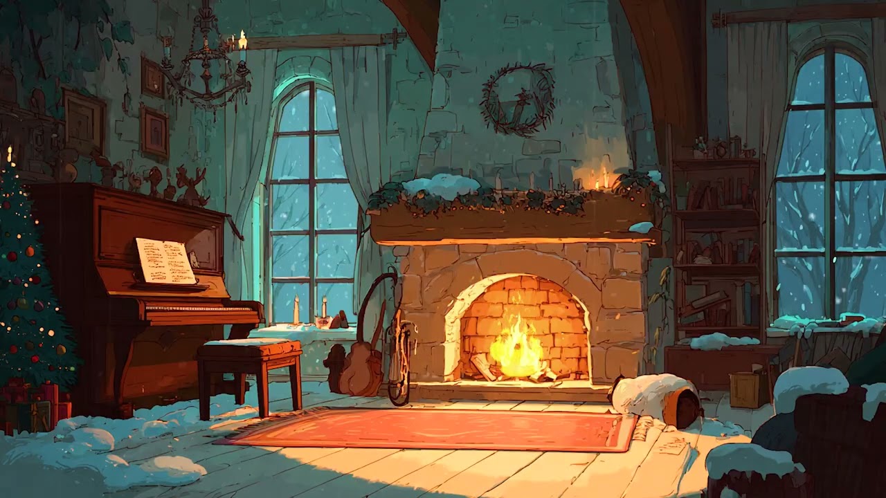 Warmth of the 1940s: Soft Classic Music from Afar & Crackling Fireplace in the Living Room