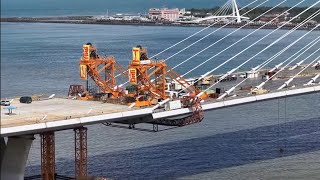 2025.09.22 淡江大橋工程 第3次飛行觀察 八里側第27對斜拉鋼索穿索施工概況 遠眺淡水端橋頭 即時直播