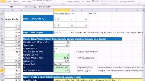 Excel 2010 Statistics 80: Two Tail z Distribution Mean Hypothesis Testing P-value Critical Value