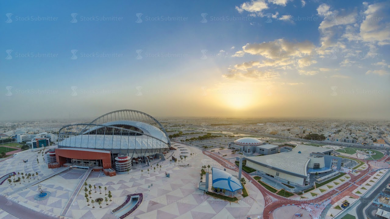Aerial view of Aspire Zone stadium from at sunrise timelapse in Doha
