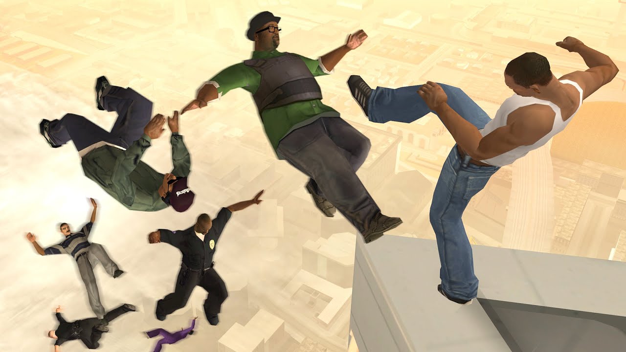 CJ сбрасывает своих врагов с башни