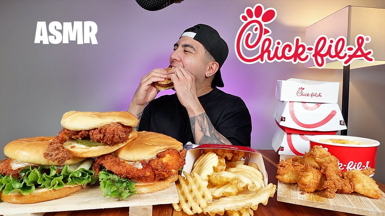 ASMR SMASHING Chick-Fil-A Spicy Deluxe Sandwiches + Waffle Fries + Mac & Cheese | Real Eating Sounds