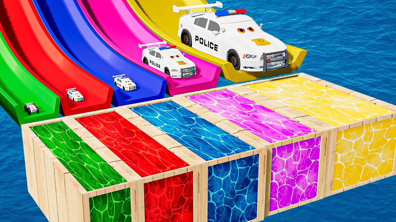 Small Cars on Big Police Car vs Slide Color with Portal Pool Cars vs Deep Water in BeamNG.Drive #1