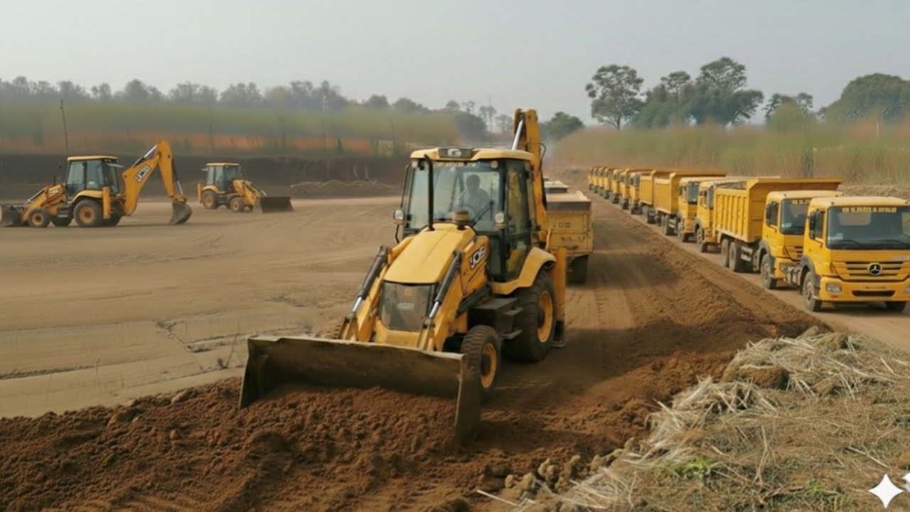 JCB 3dx backhoe machine and TATA dump truck loding working on  mud and road 