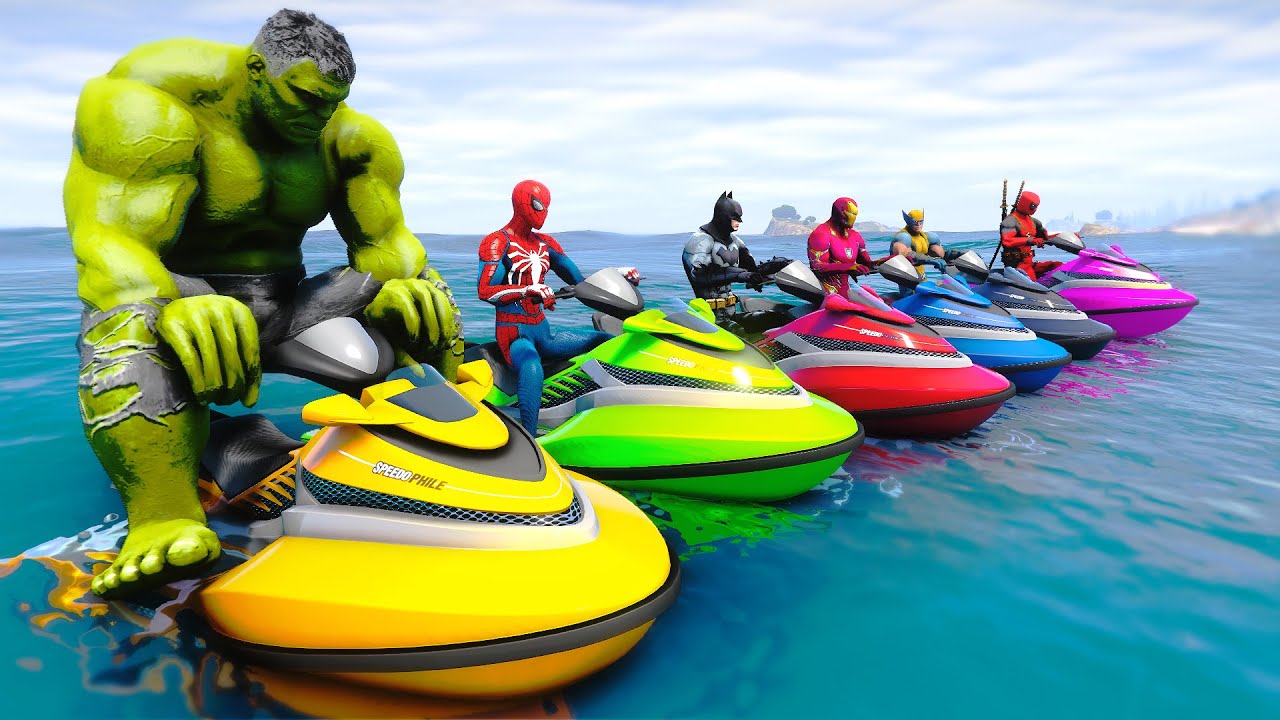 Homem Aranha com Jet Ski Water Racing Challenge super-heróis Hulk Iron Man Dead Pool - GTA 5 Mods