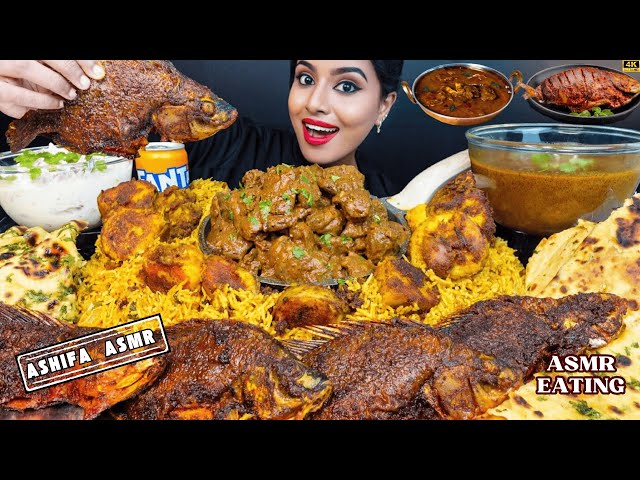 ASMR Eating Spicy Hyderabadi Chicken Biryani,Whole Fish Curry,Rice Big Bites ASMR Eating Mukbang