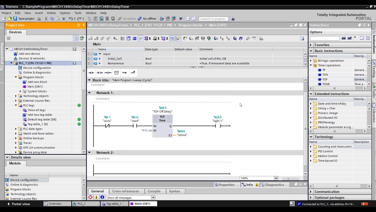 Lecture 4 Siemens S7 1500 PLC Seting up a Non Retentive OFF Delay timer