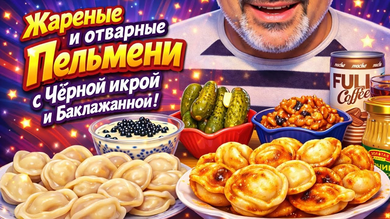 Жареные и отварные Пельмени 🥟 с чёрной икрой и баклажанной! Солёные огурчики 🥒 | АСМР | МУКБАНГ