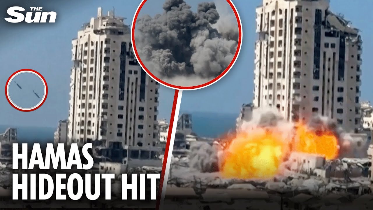 Moment bombs destroy 18-STOREY tower block in Gaza city as Israel claims strike on Hamas