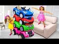 Sasha and Twins Ride on Magic Toy cars an turn each other in Little Kids