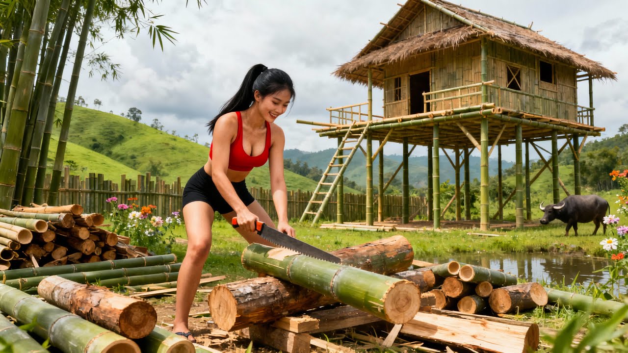 【建築DIY】竹を切って床を作りタケノコを乾かす | Chopping Bamboo, Building Floor to Dry Bamboo Shoots from Start to Finish