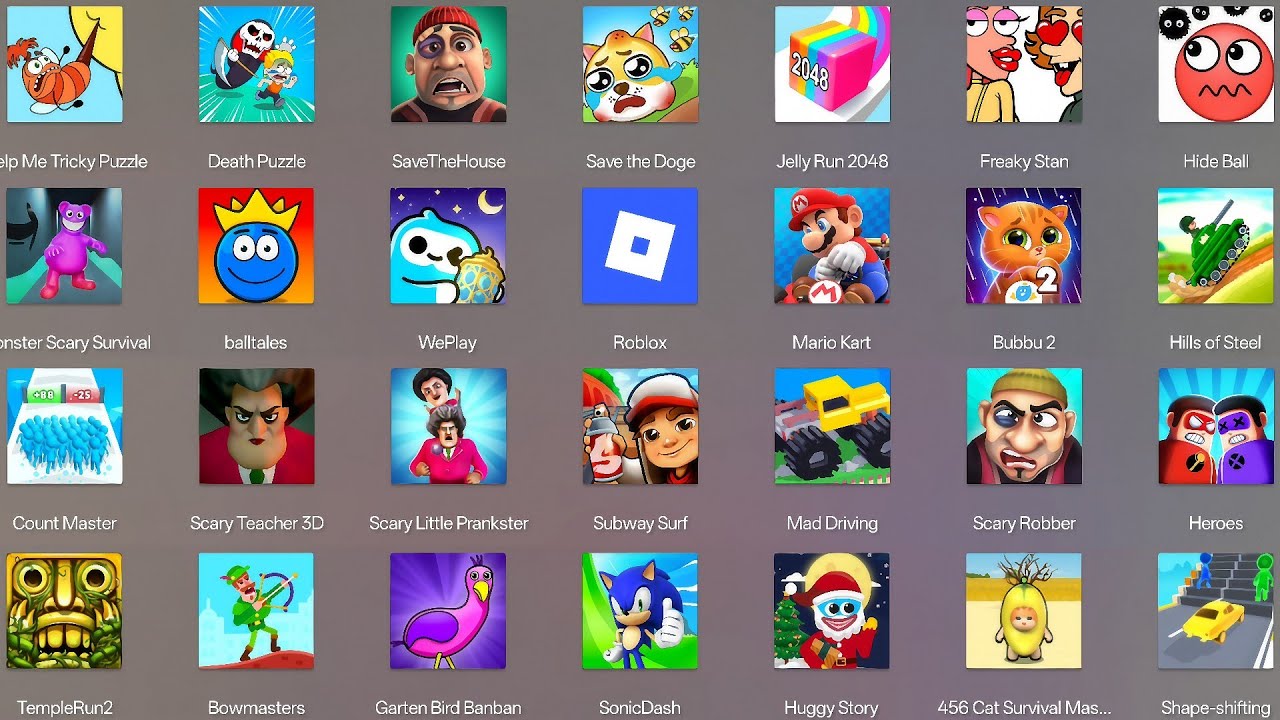 Roblox,Help Me Tricky Puzzle,Garten Of Banban,Grimace Monster Scary Survival,Scary Teacher 3D,Heroes