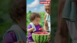 The weather is hot, the baby feeds grandpa sweet watermelon #cute #grandparentslove