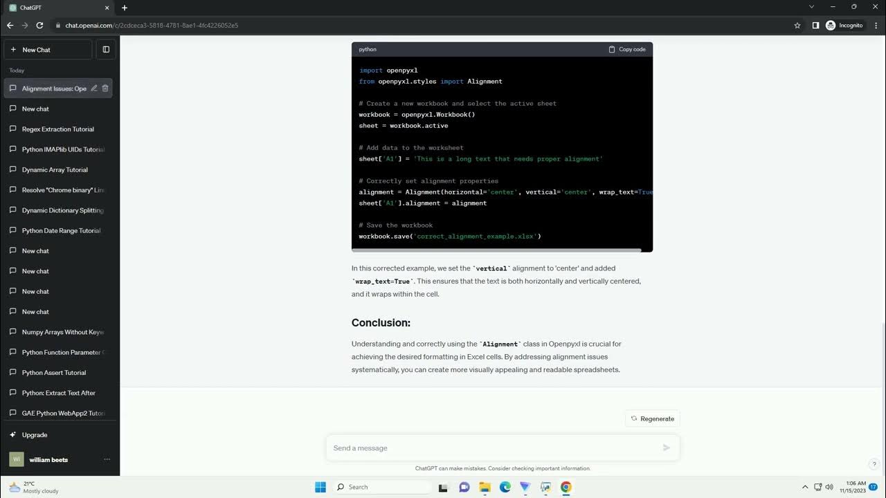 Align is not in correct format in python openpyxl youtube