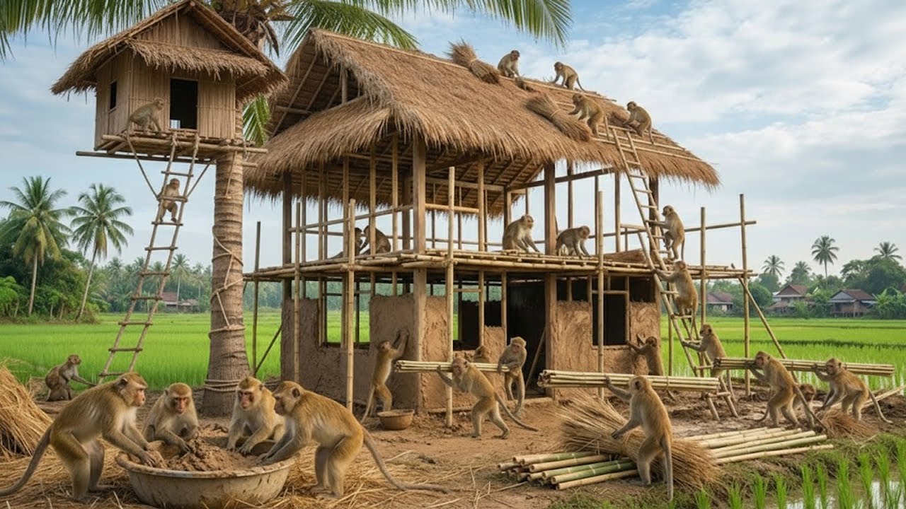 बंदरों ने मिलकर बांस से घर बनाया। | The monkeys worked together to build a house out of bamboo #04