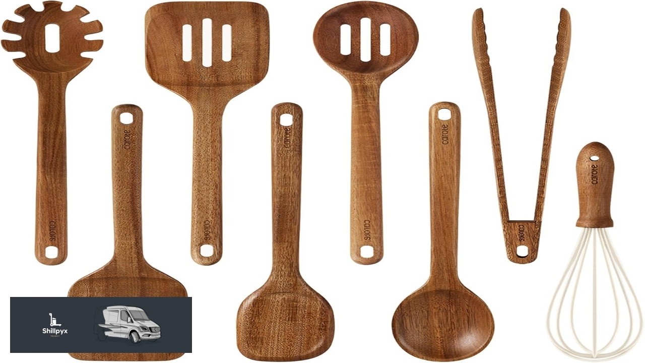 CAROTE Wooden Kitchen Utensils Set Acacia Wood 8pcs Cooking Utensil Set