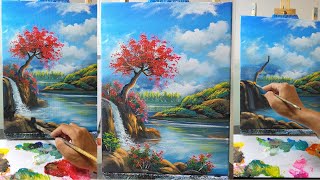 Magical Reflection Landscape Painting | Red Tree & Waterfall Acrylic Tutorial 