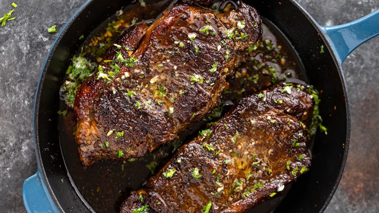 Cast Iron Steak (with garlic herb butter) - A Pinch of Healthy