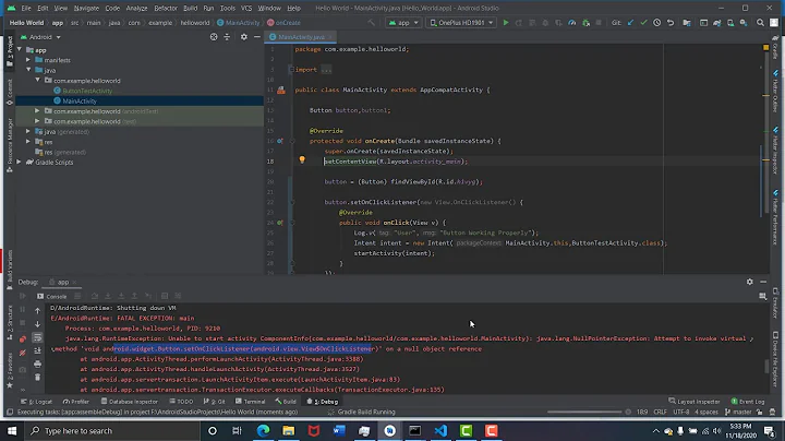 Android Studio Error - Cannot Start Activity - Attempt to invoke Virtual Method OnClickListener