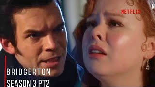 Bridgerton Season 3 Part 2: First Look, Penelope and Colin. Colin is angry at Pen after finding out