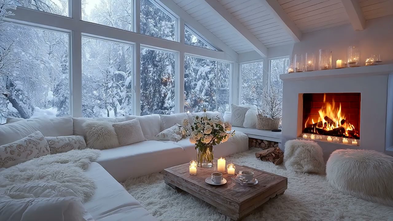 🌌🎹 Winter White Piano Lounge with Cozy Fireplace and Soft Flowers for 3 Hours of Healing Peace