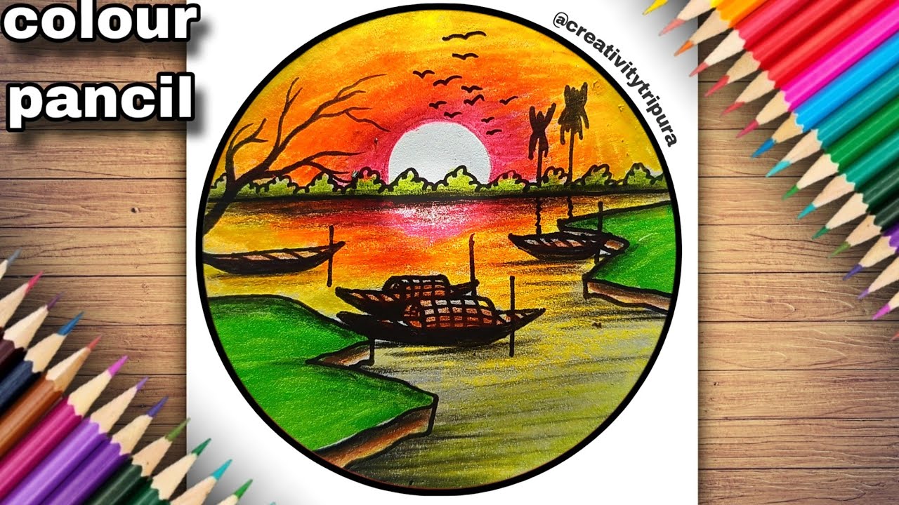 How to Draw a Sunset 🌅 in a Circle ⭕ with Colour Pencils ️ | Easy ...