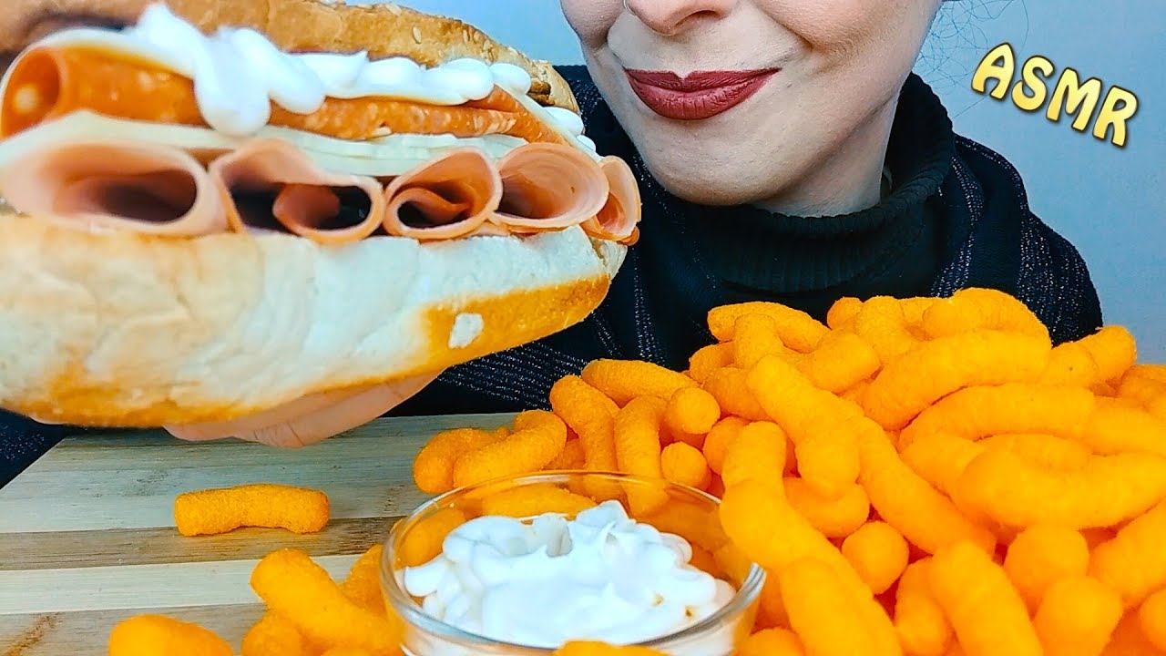 ASMR eating: Big Crispy Sandwich with Salami, Turkey & Cheese | Cheetos Puffs | No Talking