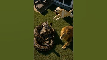 A puppy rescuing a kitten caught by an animal—Dog and Lion vs. Python