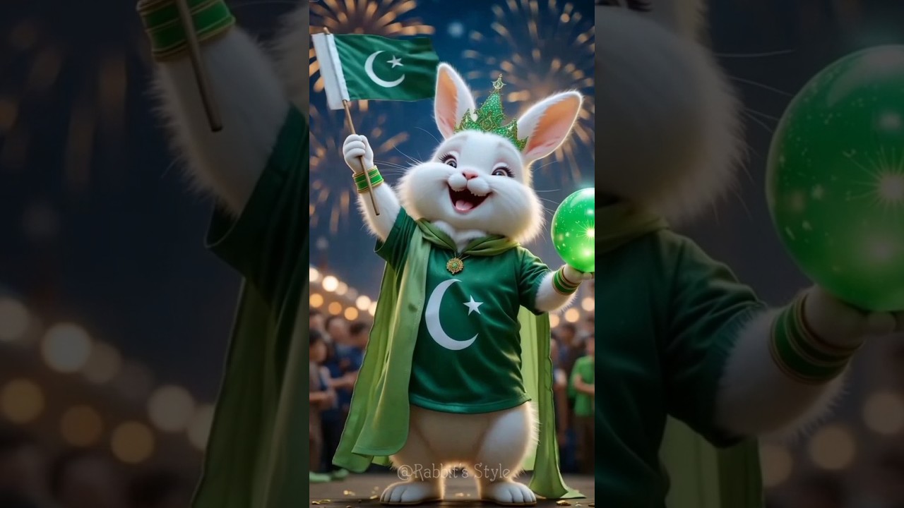 Rabbit🐇 Celebrating with Pakistan Flag🇵🇰 & Balloon 