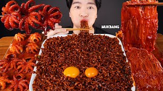 ASMR MUKBANG | BLACK BEAN NOODLE SPICY OCTOPUS MUSHROOM🐙 SEAFOOD BOIL 짜파게티 쭈꾸미 볶음 먹방 EATING SOUND