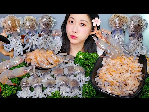 ミミイカ🐙 生エビ モクバン!🦐😋 生の魚介類✨ | 咀嚼音 | eating show | asmr mukbang korean