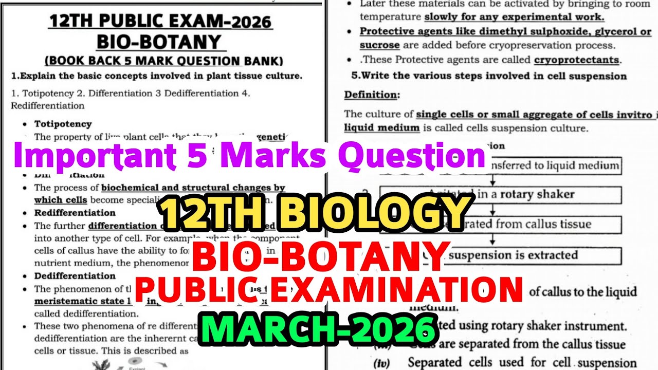 12th std Biology Public Exam March-2026 important Five Mark Question Bank important Question Biology