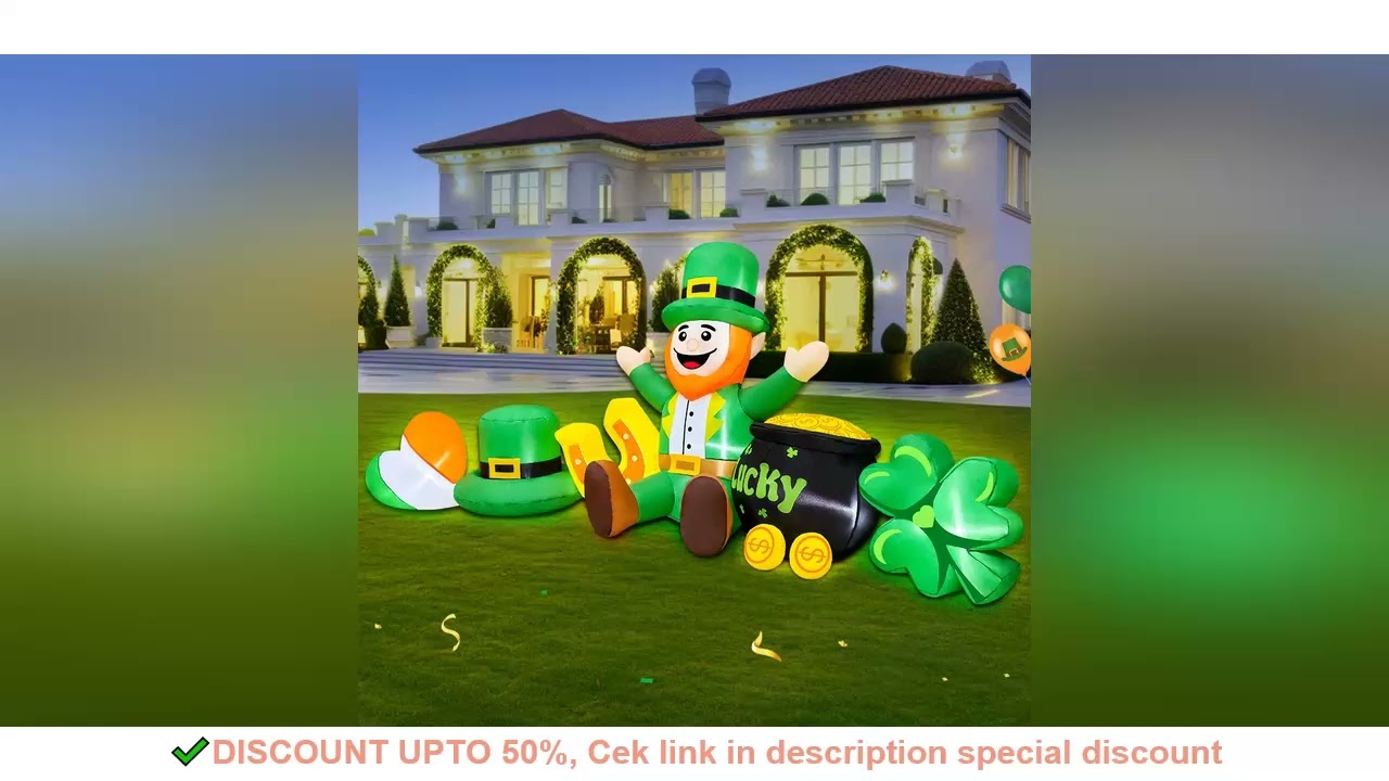 8FT Long St Patricks Day Inflatables Outdoor Decorations,Inflatable Leprechaun with Clover & Gold Co